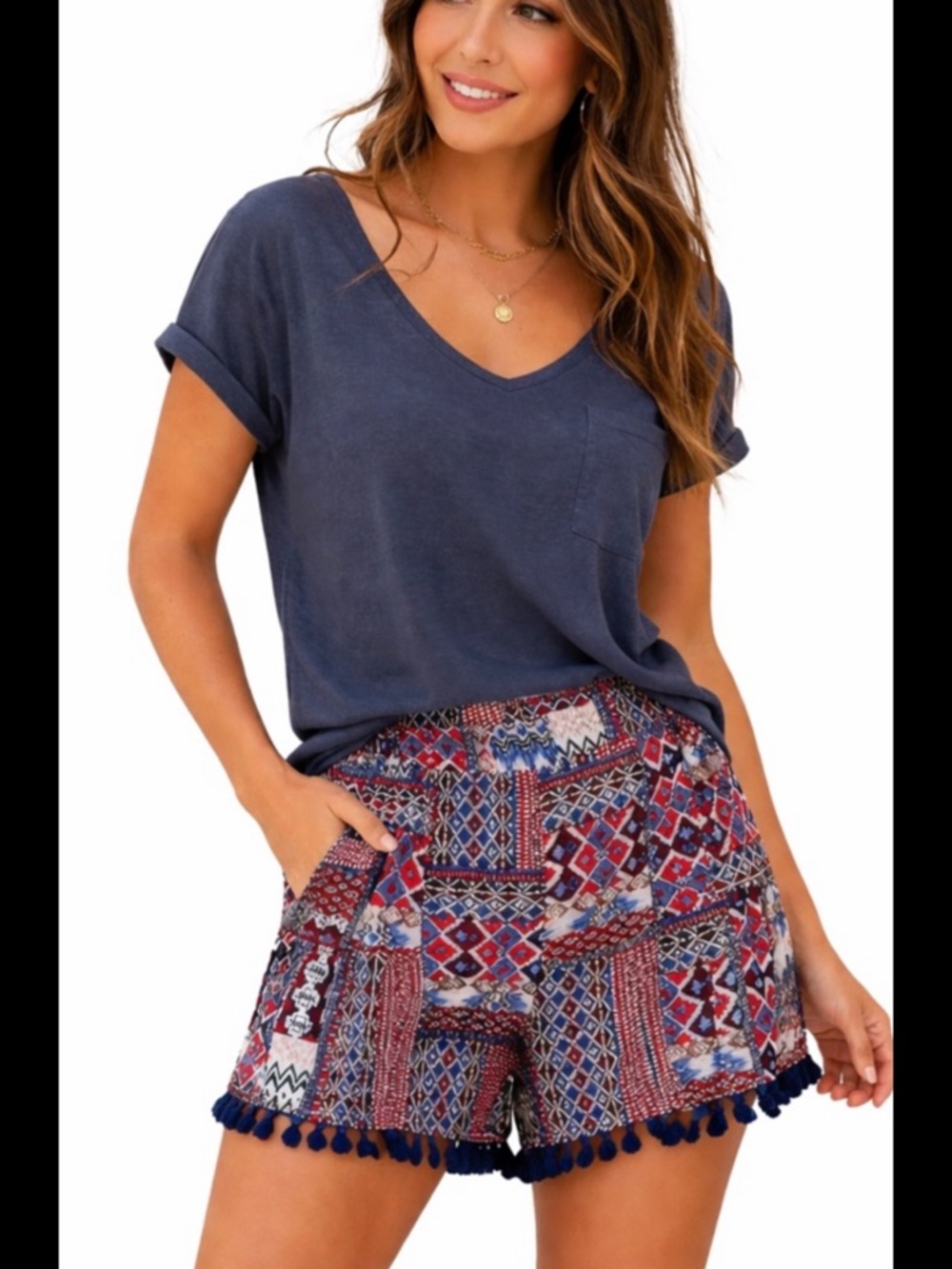 Umgee Navy Multi-Pattern Pom Pom Trim Shorts
